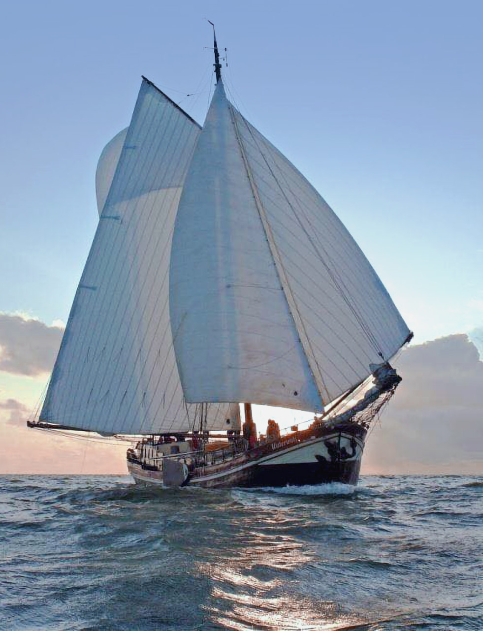Das Segelschiff Waterwolf mit über 1000 Quadratmetern Segelfläche auf dem Weg zum Wattenmeer während eines Segelurlaubs im Sommer